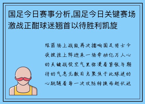 国足今日赛事分析,国足今日关键赛场激战正酣球迷翘首以待胜利凯旋